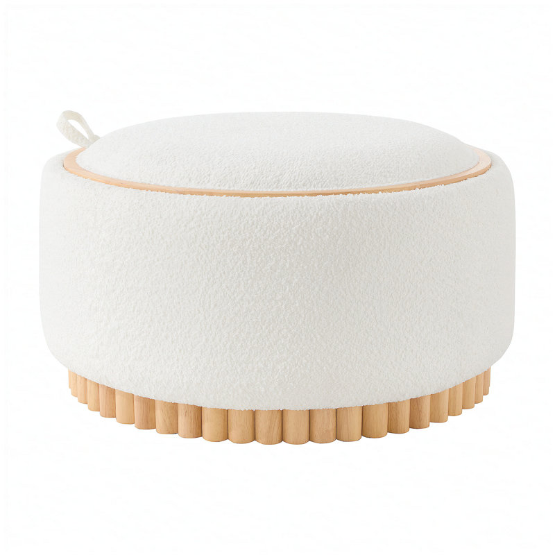 Repose-pieds de rangement rond de 29 po avec pieds en bois massif, table basse moderne avec couvercle réversible, structure en bois, repose-pieds en tissu Boucle pour le salon, aucun assemblage requis