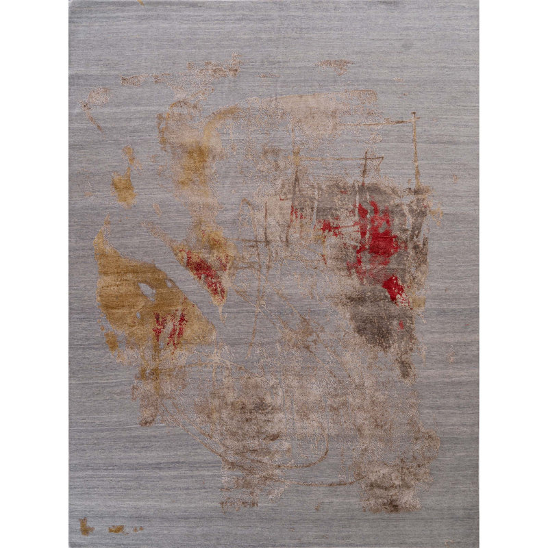 Tapis abstrait rectangulaire noué à la main or / rouge / gris, Rectangle 8 pi x 10 pi