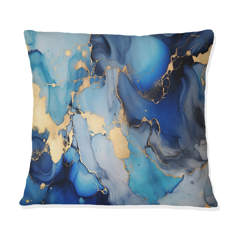 Coussin bleu et doré à motif abstrait de luxe avec art abstrait II