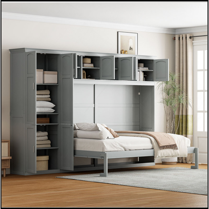 Grand lit escamotable mural avec armoires, Gris