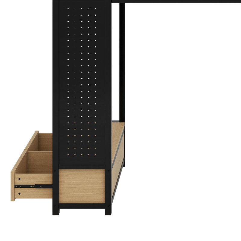 Structure de lit mezzanine avec garde-robe, lit mezzanine en métal avec tablettes de rangement et panneau perforé, Double
