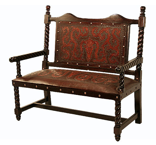 Colonial Leather Solid Wood Floral Bench, Antique Brown