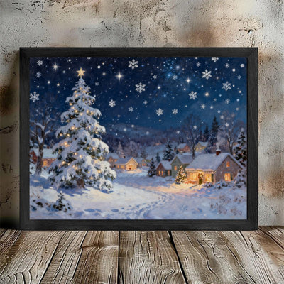 Black Framed Whimsical Christmas Village Wall Art - Cozy Snowy Night Winter Scene Decor Framed Prints