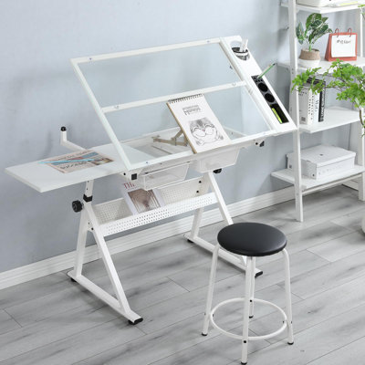 Height Adjustable Glass Drafting Table, Tiltable Art Drawing Desk with Stool & 2 Storage Drawers, Multifunctional Work Station for Painting Craft Stud