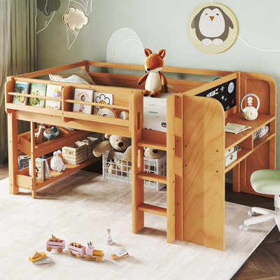 Lit mezzanine simple en bois simple avec plusieurs bibliothèques de rangement, tiroirs et boîtes, lit avec bureau et tableau noir, aucun sommier requis, naturel