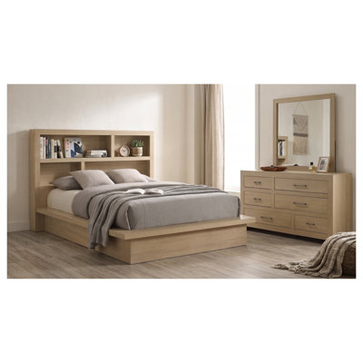 Ensemble de chambre à coucher Callahan en chêne clair, 3 pièces, avec tête de lit bibliothèque, commode et miroir.