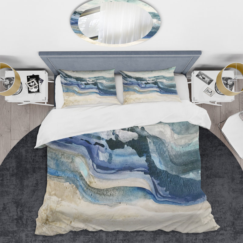 Coast Blue Sea Waves Watercolor - Modern Farmhouse Duvet Cover Set - Microfiber Polyester, Twin Duvet Cover + 1 Sham