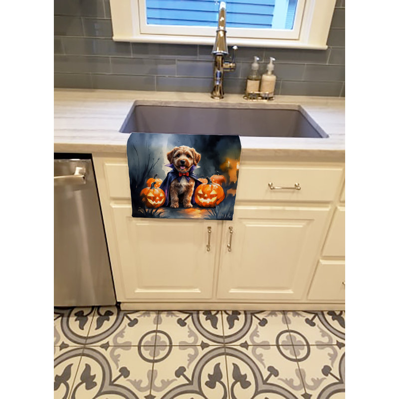 Chocolate Labradoodle Puppy Halloween Kitchen Towel, Chocolate Labradoodle