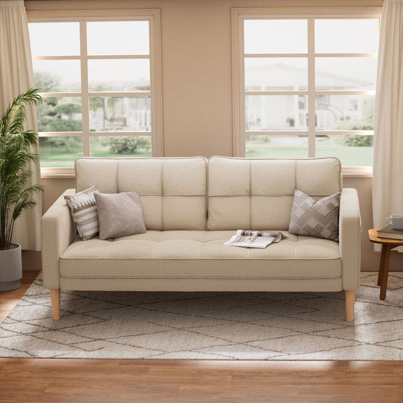 Canapé rembourré en mélange de lin de 69 po de largeur avec accoudoirs et pieds en bois robustes, 100 % lin beige