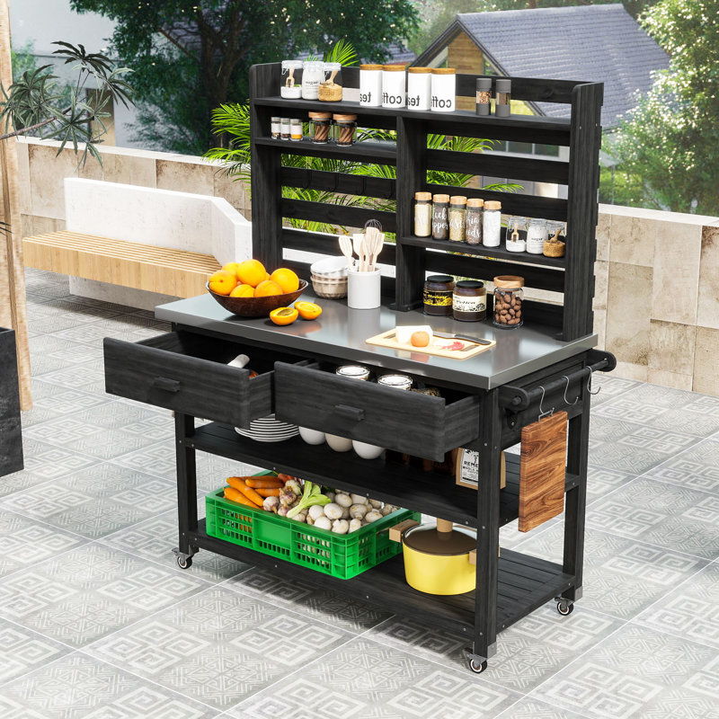 Table de rempotage d'extérieur avec plateau en acier inoxydable et roues verrouillables pour le jardinage ou le barbecue
