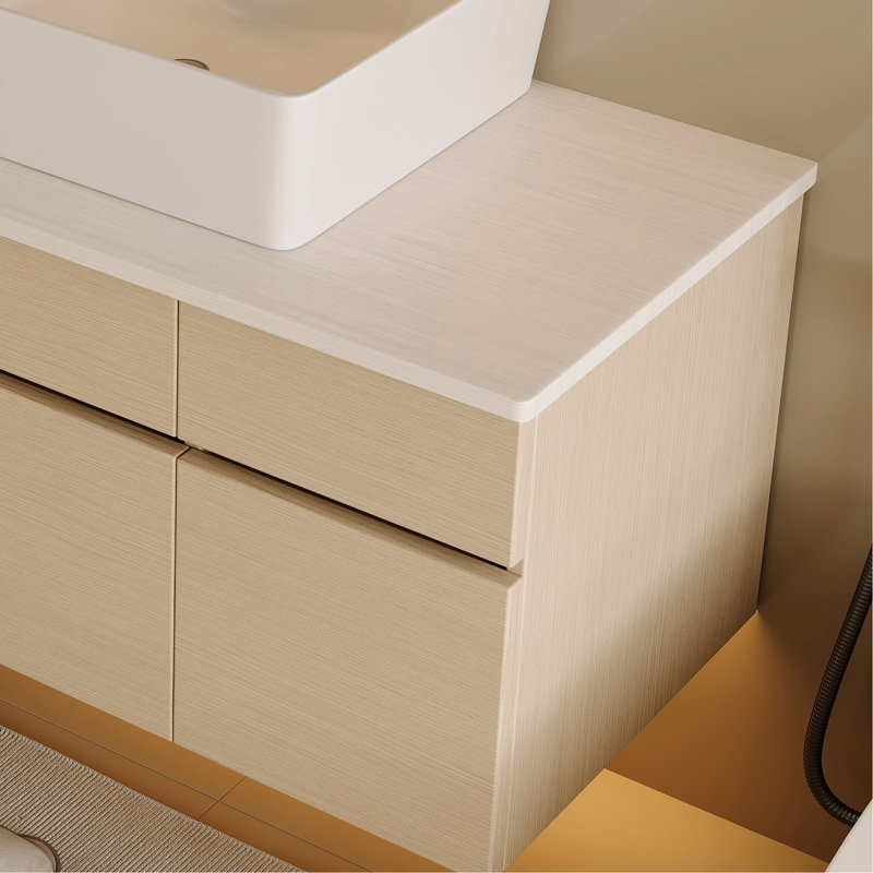Meuble-lavabo 31,5 po avec lavabo vasque, plateau en bois massif, armoire de rangement murale en céramique