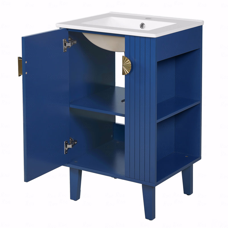 Meuble-lavabo de 20 po avec lavabo en céramique, ensemble de meuble-lavabo simple autoportant avec porte à fermeture douce, poignées chic en demi-lune, style français