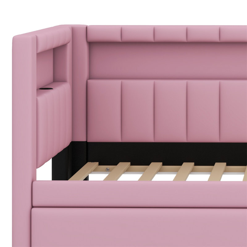 Lit plateforme tapissier avec ports USB et ceinture à DEL, avec 2 tiroirs, Rose