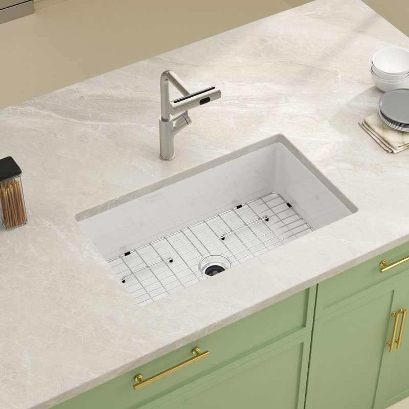 32'' L x 19'' W Ceramic Undermount Kitchen Sink, Dual Mount Single Bowl Kitchen Sink with Strainer and Sink Grid