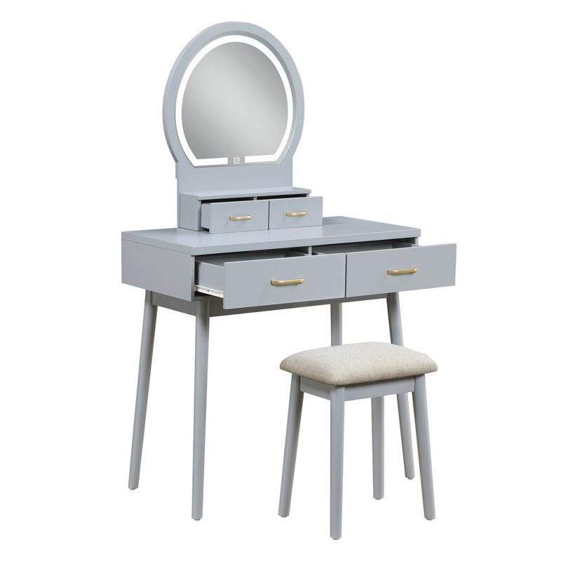 Magnifique commode de salle de bain avec miroir et tabouret à finition grise, Gris