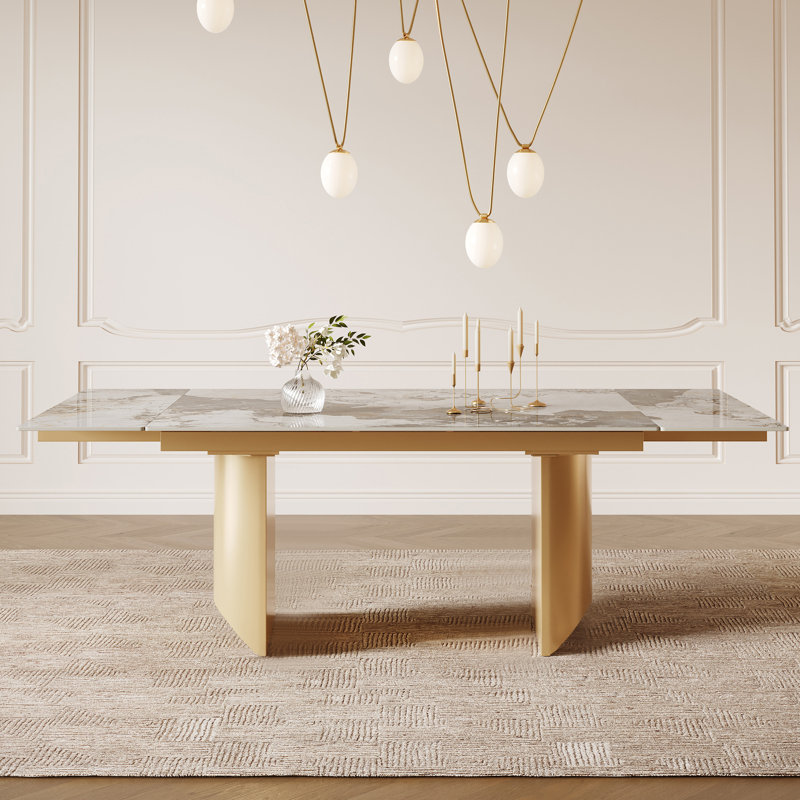 Behesh 63"-94.5" Extendable Sintered Stone Dining Table Seat 6-10, Glossy Pandora/Gold