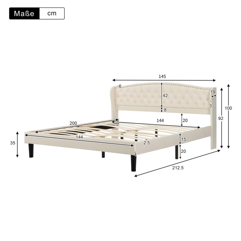 Bonvale Upholstered Bed, European Double (140 x 200cm)