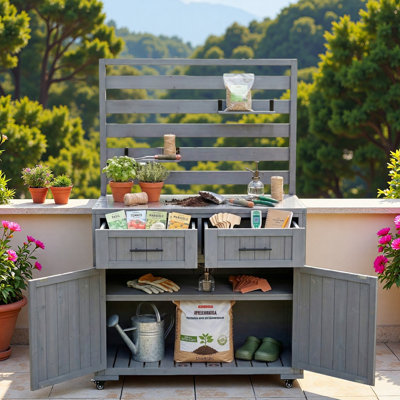 Large Patio Kitchen Island Grill Cart With Stainless Table Top, Movable Small Shelves, 2 Drawers And Cabinet