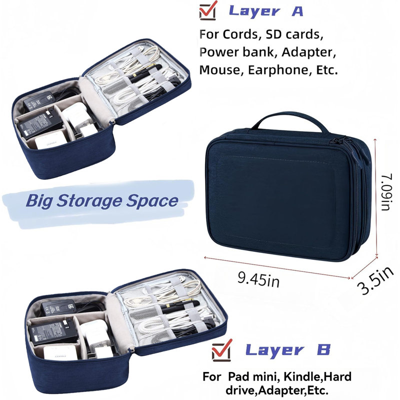 Double Layer Electronic Product Travel Storage Bag, Navy Bue