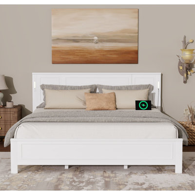 Très grand lit avec tête et pied de lit à grand panneau, lumières DEL intégrées, station de charge USB, lit en bois de pin avec cadre de lit renforcé, blanc
