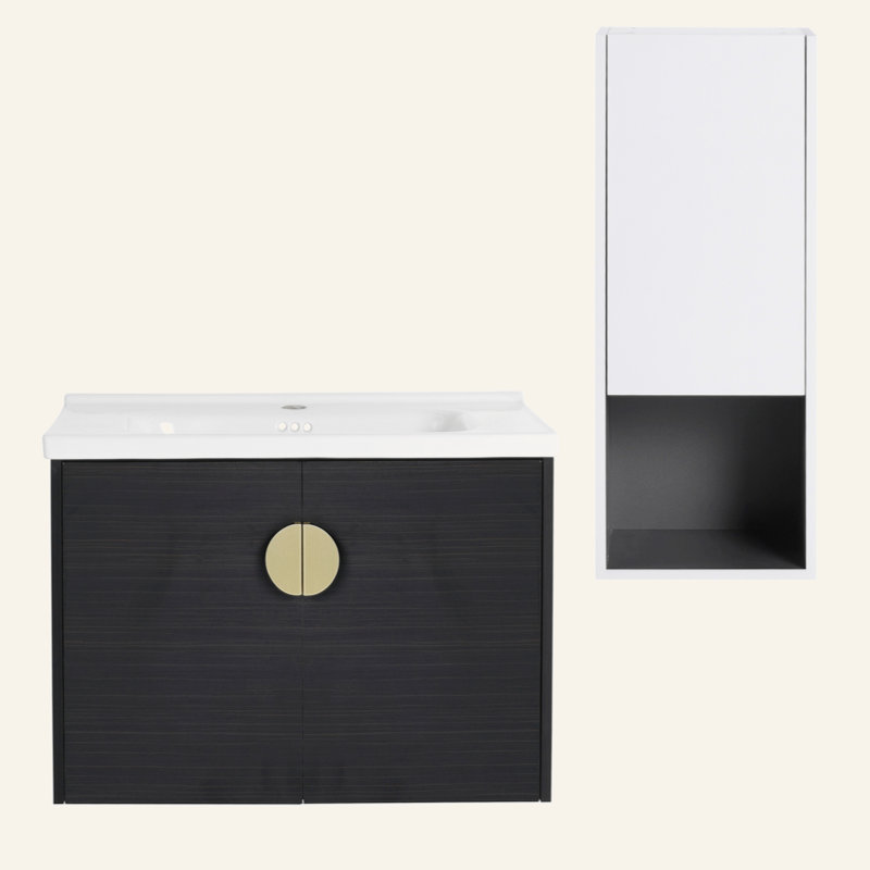 Meuble-lavabo mural 28 po avec lavabo en céramique et armoire latérale, portes à fermeture douce 28 po
