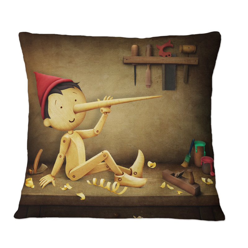 Pinocchio avec long nez et chapeau rouge - Coussin décoratif pour enfants, 16 po x 16 po