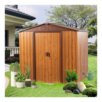 6 Ft. W X 6 Ft. D Metal Storage Shed Appealing Horizontal Siding  In Woodgrain With Coffee Trim To Complement