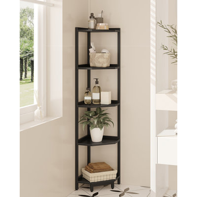 Corner Shelf Stand, Corner Bookshelf, Storage Standing Shelf Unit with Metal Frame, Plant Stand, Bookcase for Living Room, Home Office, Bedroom, 5-Tier Black
