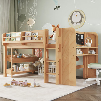 Twin Loft Bed with Multi-storage Bookcases, Boxes and Drawers, Solid Wood Low Loft Beds with Desk and Blackboard, No Box Spring Needed,Natural