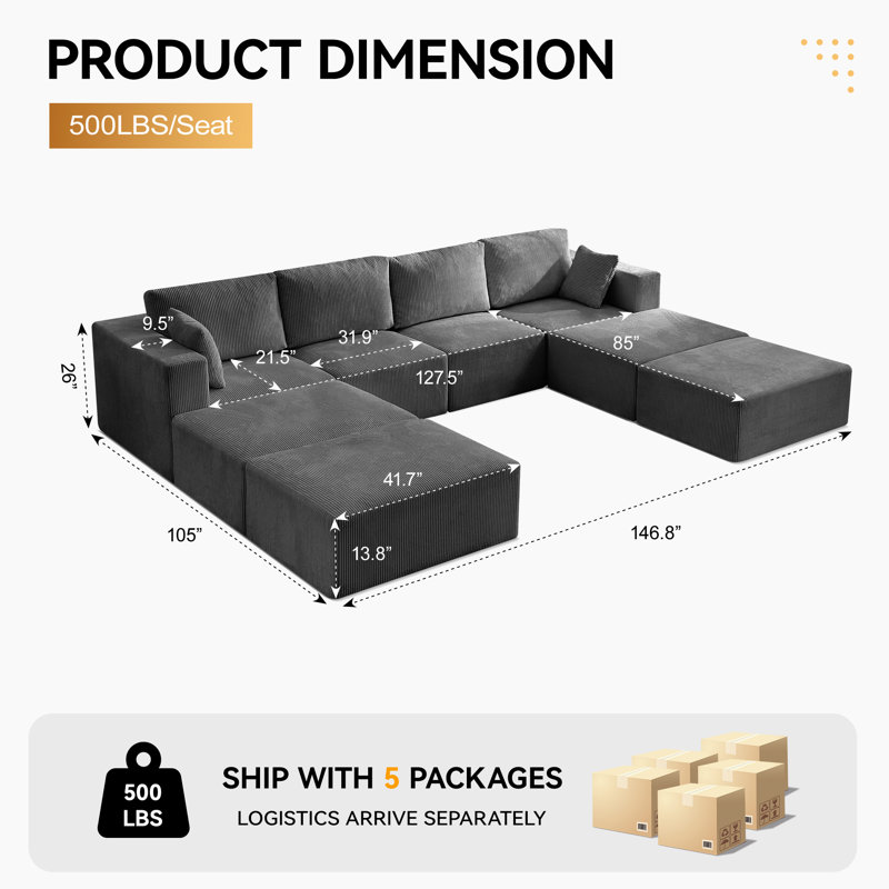 Oversized Modular Sofa Bed, Boneless U-Shaped Sectional with Movable Ottomans, No Assembly Convertible Sleeper Couch, 8