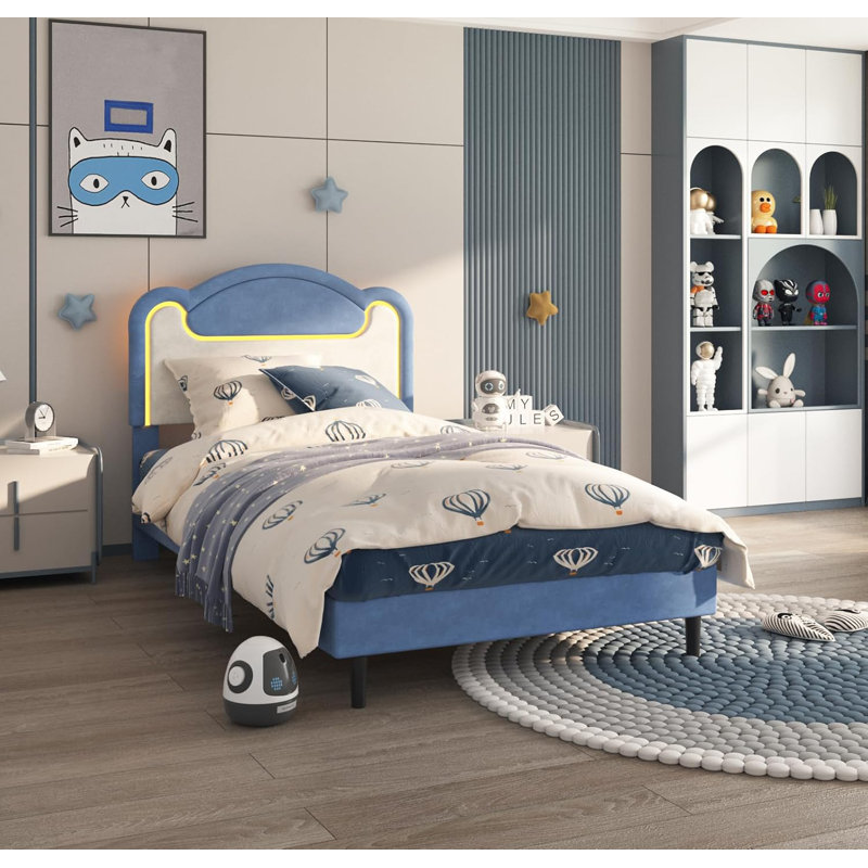Structure de lit tapissier, tête de lit en tissu avec lumières DEL, support de barre transversale en bois, aucun sommier nécessaire