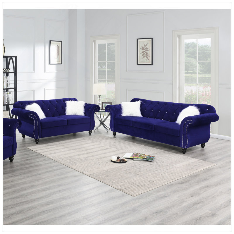 Ensemble de canapé 2 pièces Meuble de salon en velours indigo rembourré Causeuse en cristal, Indigo, 5