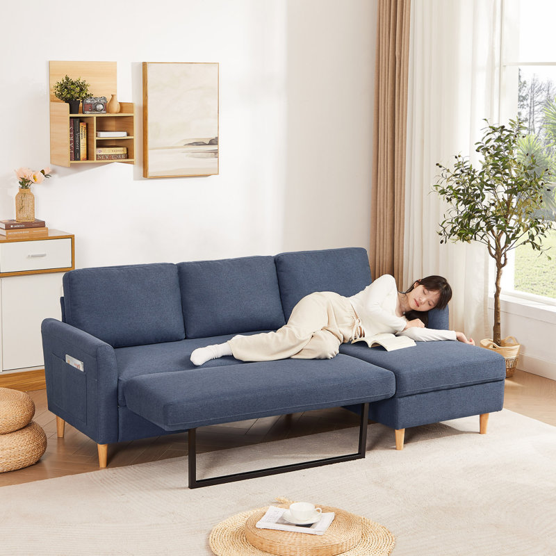 Upholstered Fabric Sleeper Sectional Sofa With Chaise, 31.42" H x 28.27" W x 50.13" D, Blue Fabric