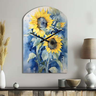 Yellow Blue Sunflower Golden - Floral Asymmetrical Metal Wall Clock, Yellow Arch Metal Wall Clock Print