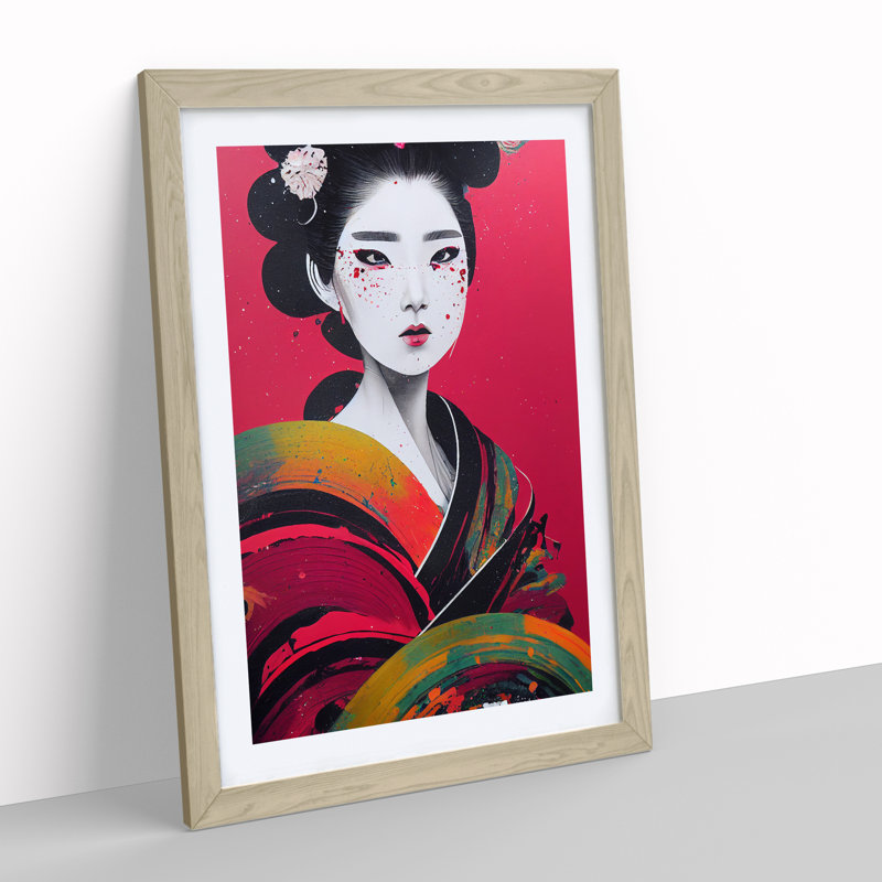Painted Geisha No.4 - Single Picture Frame Painting, 46cm H x 34cm W x 2cm D, Oak Framed