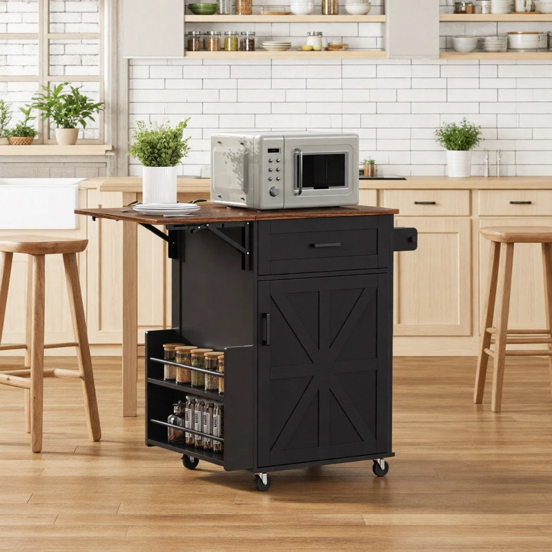 39.3" Farmhouse Kitchen Island with Drop Leaf, Kitchen Storage Island with Open Side Rack, One Drawer, Towel Rack, Rolling Kitchen Cart with Lockable Wheels for Lawn Garden, Black