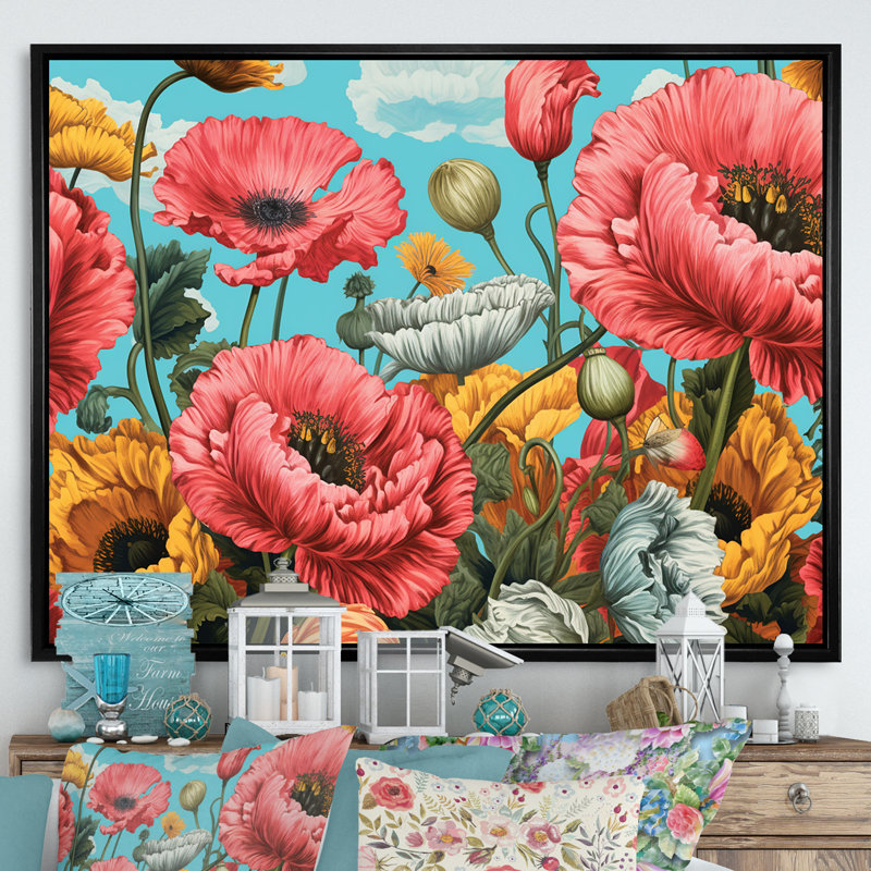 «Sunlight Beautiful Poppy Fields» sur impression sur toile, H 16 po x l 32 po x P 1 po, Cadre flottant noir