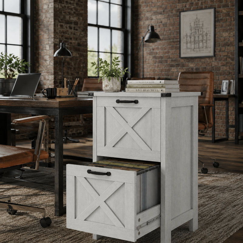 Classeur vertical rustique moderne avec 2 tiroirs, style porte de grange, pour documents et fournitures de bureau