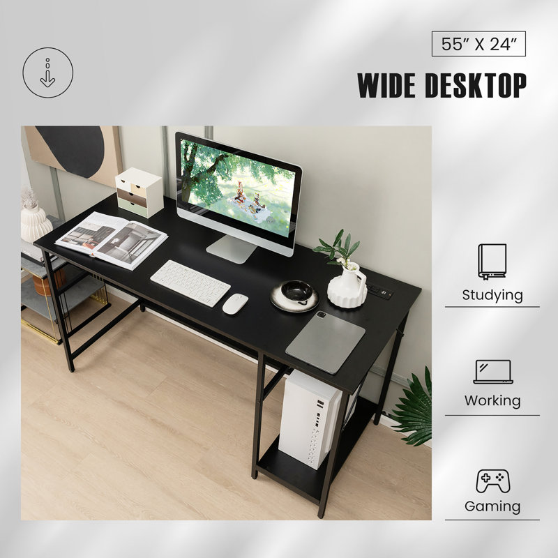 Saahas Steel Computer Desk with Built-In Electrical Outlet, Black