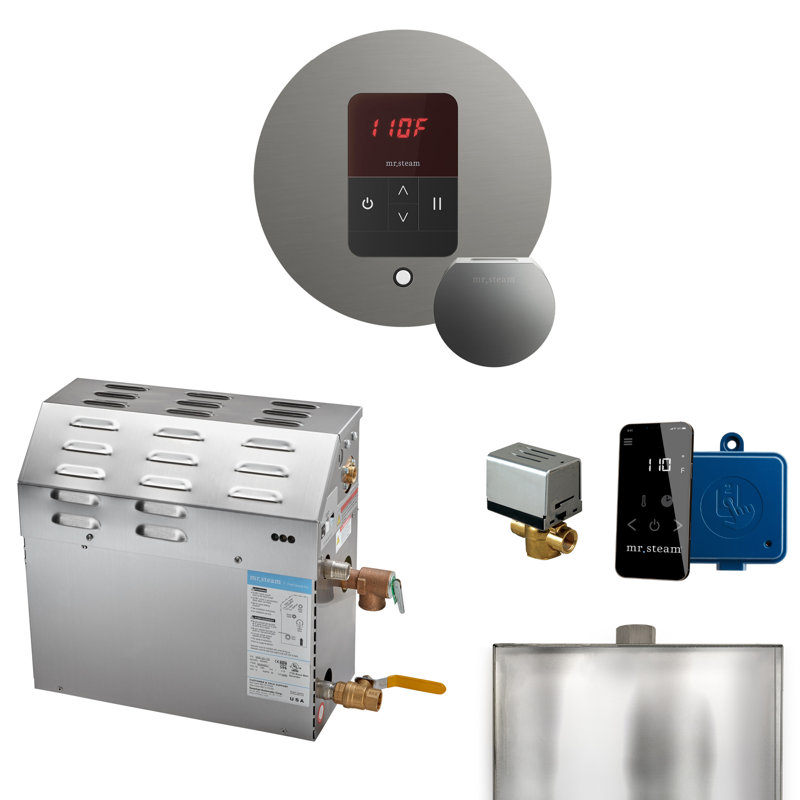 MS 7.5 kW (7500 W) Steam Shower Generator Package with round iTempo Control in Accessories, Satin Steel