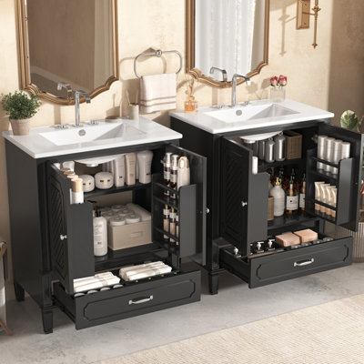 Black 60" Double Sink Bathroom Vanity - Ideal For Two Person Bathrooms, Versatile Storage Solutions With Sink, 2 Cabinets And Drawers, Construction, Finish