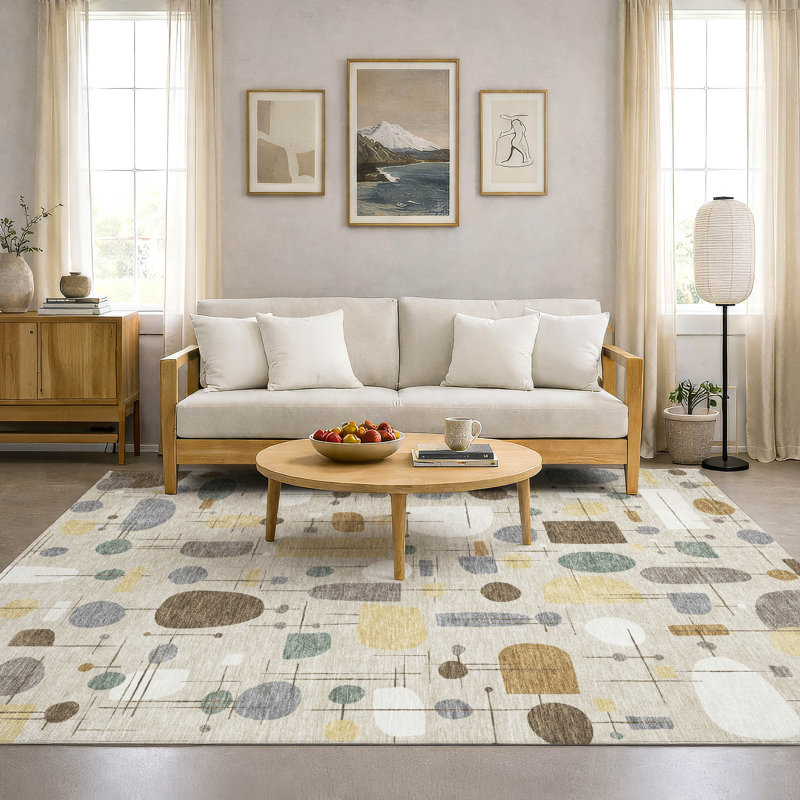 Tapis géométrique lavable à la machine de qualité supérieure Mayfield AMF2393, Beige, 9 pi x 12 pi