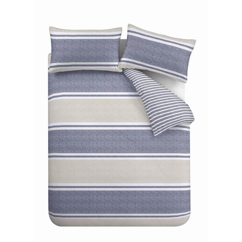 Textured Banded Stripe Reversible Duvet Cover Set with Pillowcases, King - 2 Standard Pillowcases, Blue
