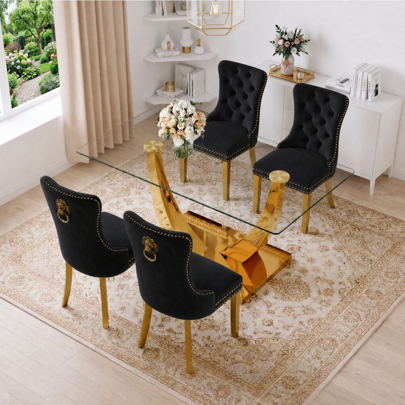 Ensemble de salle à manger rectangulaire moderne en verre avec chaises Parsons rembourrées et capitonnées, Noir, Doré