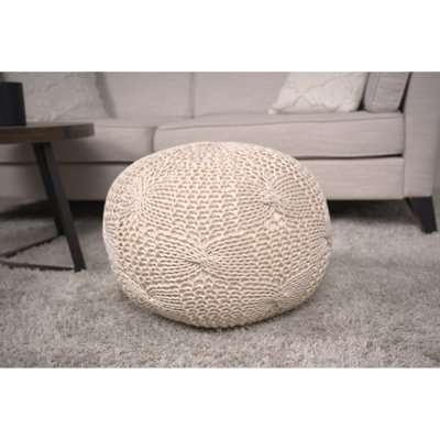 Pouf tricoté en coton beige - ou coussin de plancher habilement fait à la main 200 lb objet décoratif portant 20 po x 14 po rond et option faite à la main 200 lb ornement 20,47 po 14,36 po