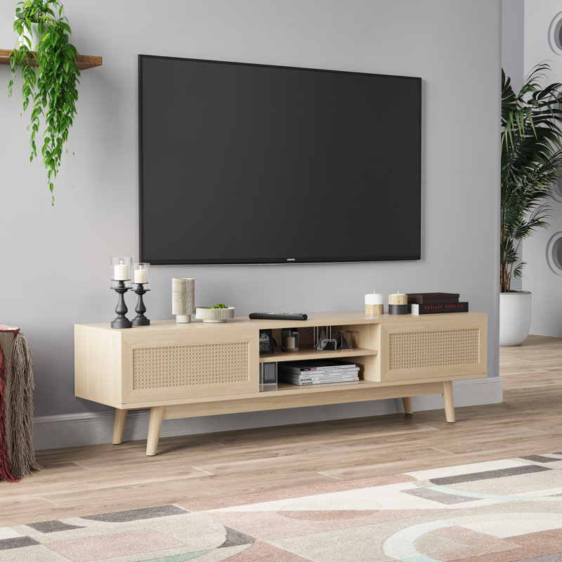 Mid Century Modern Tv Stand With Sliding Doors, Oak, 65"