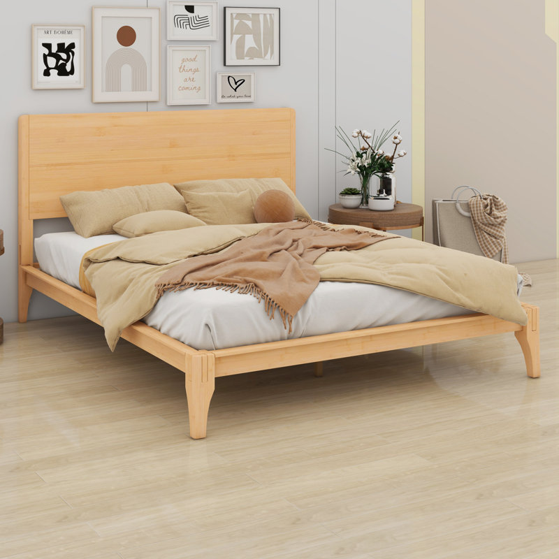 Lit plateforme Mid-Century moderne en bois avec support à lattes, Naturel, Double