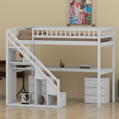Lit mezzanine multifonctionnel avec commode, bureau et bande lumineuse intégrée