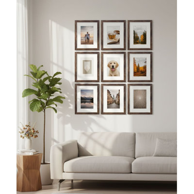Ensemble de 9 cadres photo 8 x 10 avec plexiglas incassable - Présentoir 5 x 7 avec passe-partout ou 8 x 10 sans passe-partout, cadres en bois d'ingénierie pour mur ou plateau de table