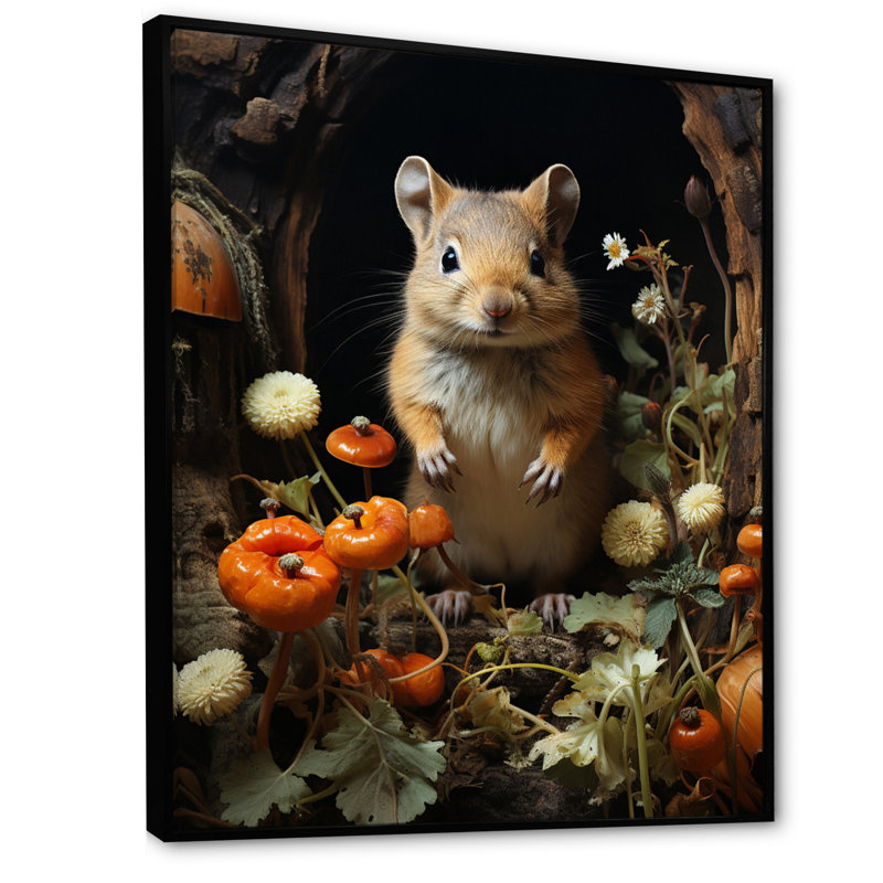 Mignon rongeur en fleurs - reproduction d'art mural, H 40 po x l 30 po x P 1,5 po, Cadre flottant noir